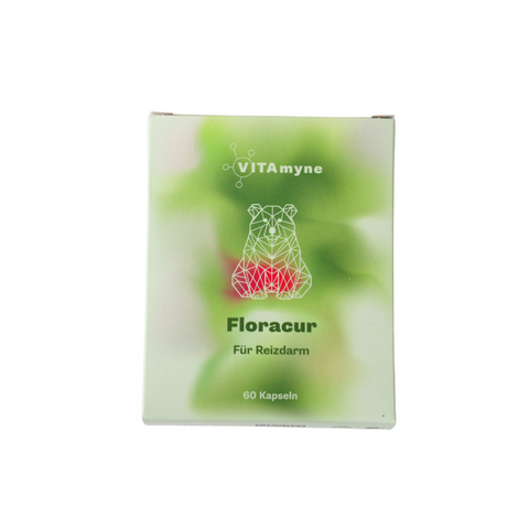 Dose des Nahrungsergänzungsmittels VITAmyne Floracur mit Bärenmotiv – zur Linderung von Reizdarmsyndrom und Darmbeschwerden