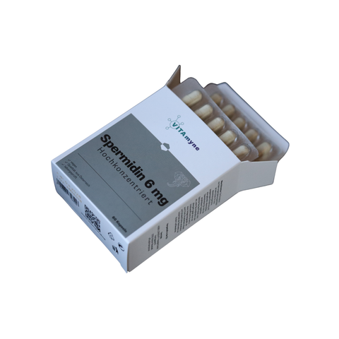 Geöffnete Verpackung von VITAmyne Spermidin 6 mg mit Kapseln