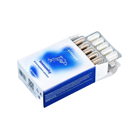Geöffnete Verpackung des Nahrungsergänzungsmittels Vitamyne Immunity - Kapseln mit einer abgestimmten Kombination aus Vitaminen, Mineralstoffen und pflanzlichen Wirkstoffen für das Immunsystem